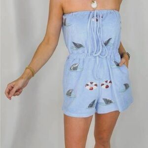 Queen of Sparkles Light Blue Terry Cloth Romper with Shark Fina